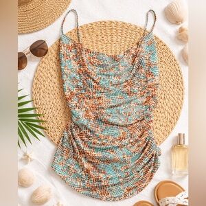 Diane Von Furstenberg abstract mosaic spaghetti strap rouched Camisole 100% Silk